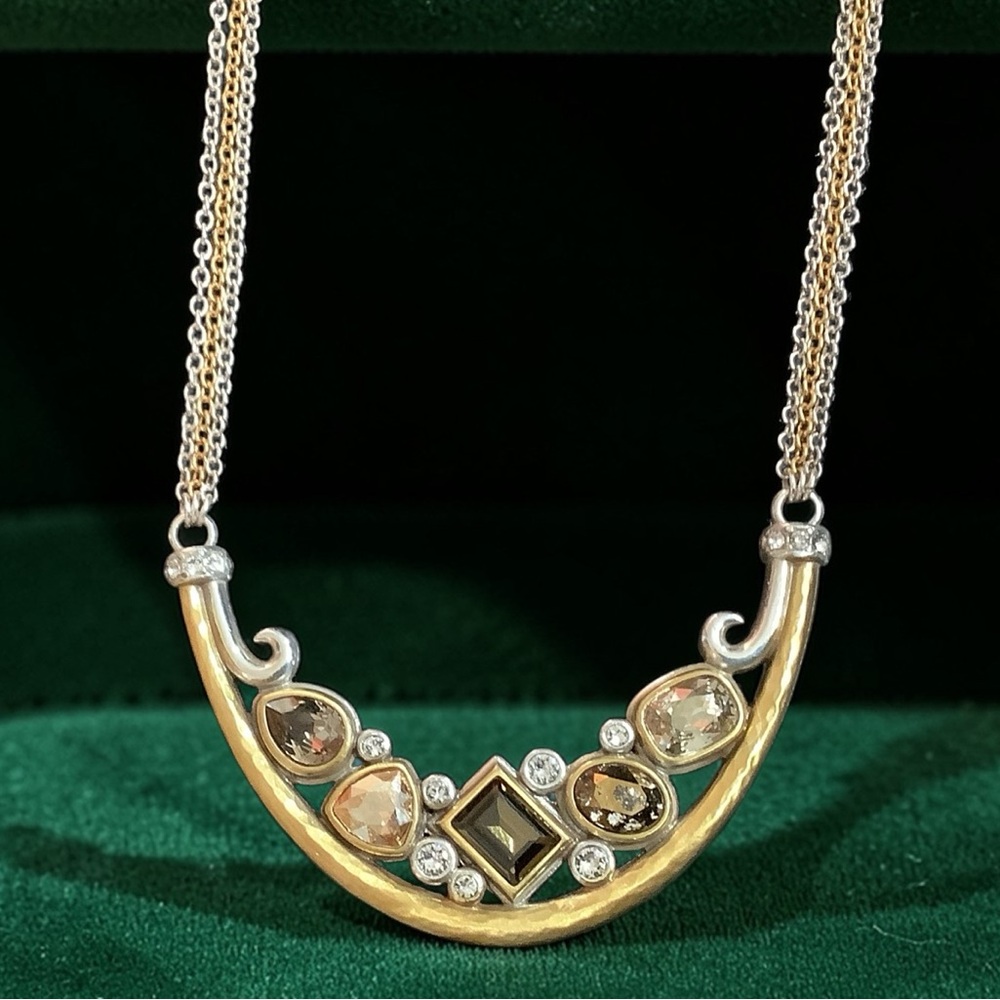 Brighton Gold, Topaz, and Silver  Crystal Long Multi Chain Necklace. NWT